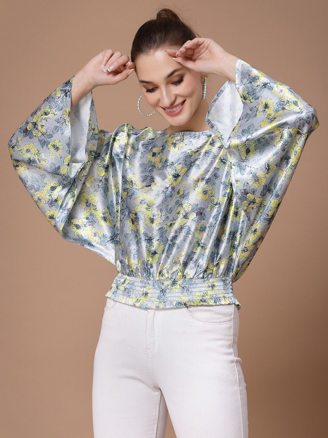 KASSUALLY Grey & Yellow Floral Print Satin Cinched Waist Top Price in India