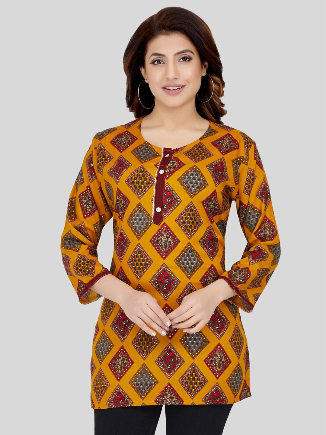 Saree Swarg Mustard Yellow & Maroon Ethnic Motifs Printed Kurti Price in India