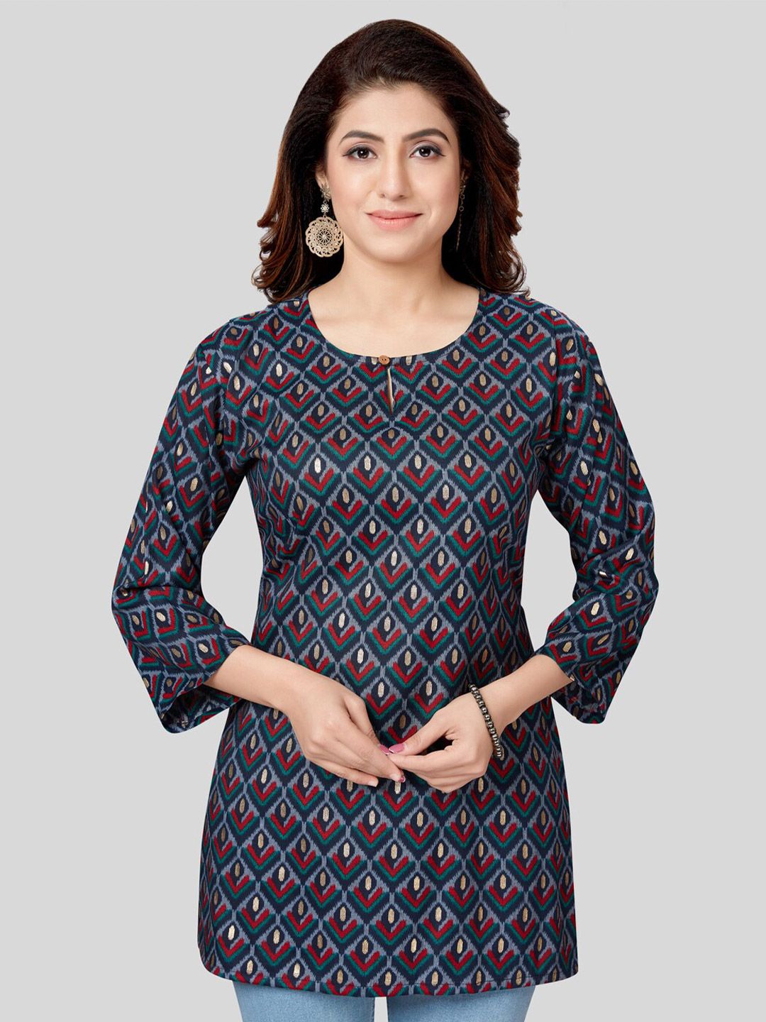 Saree Swarg Navy Blue & Red Ethnic Motifs Printed Kurti Price in India