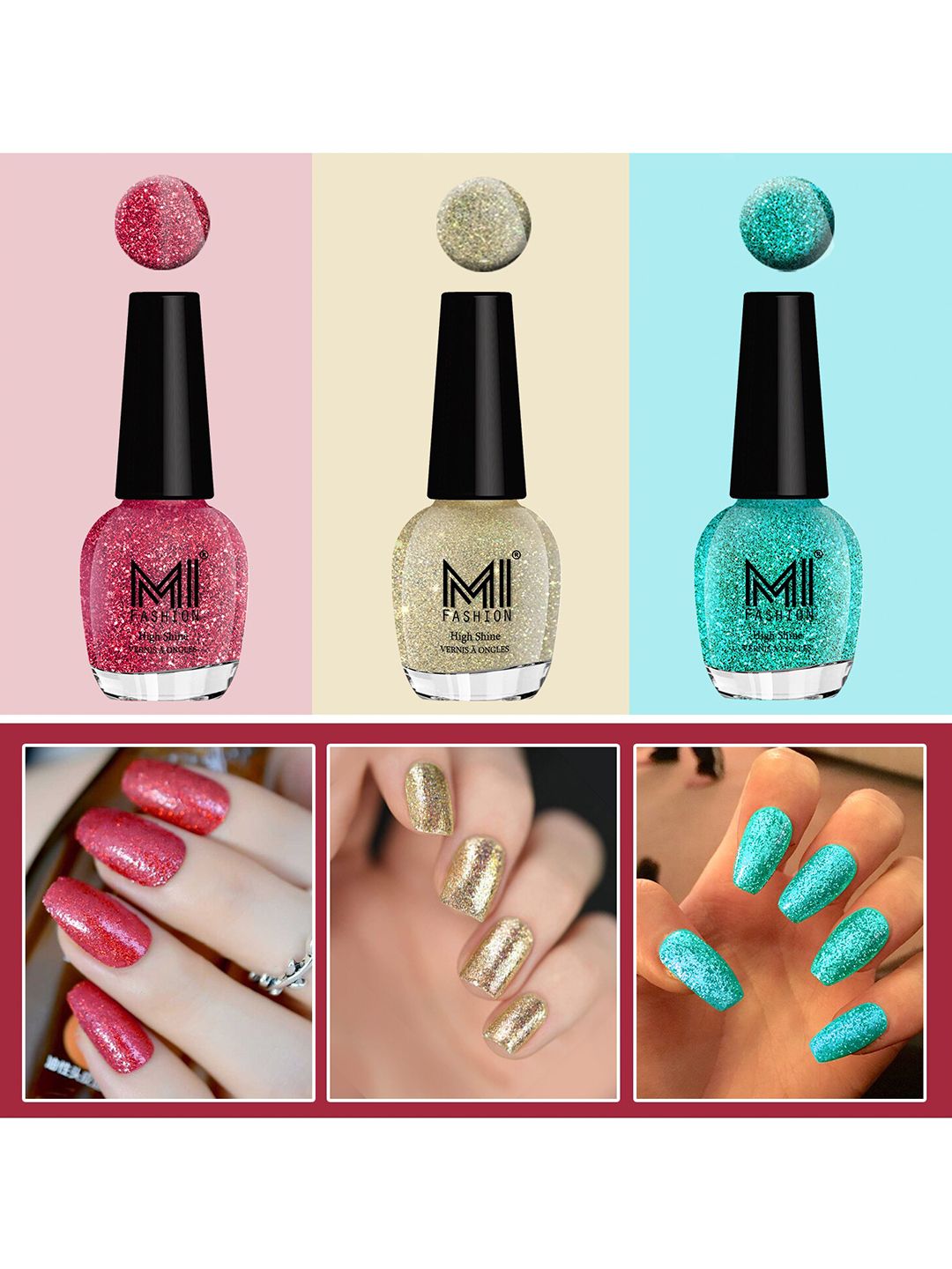 MI FASHION Vernis A Ongles Set Of 3 High Shine Long-Stay Nail Polish 15ml Each - Pink, Silver Gold, Blue