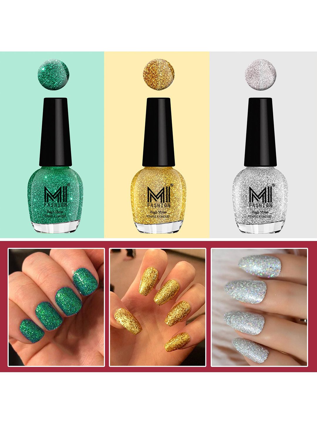 MI FASHION Vernis A Ongles Set Of 3 Ultra Glass Shine Glitter Nail Polish 15ml Each - Golden 786 - Radium 790 - Silver 788