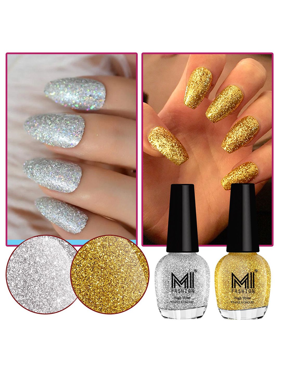 MI FASHION Set Of 2 Ultra Glass High Shine Glitter Long Stay Nail Polish - 15ml Each