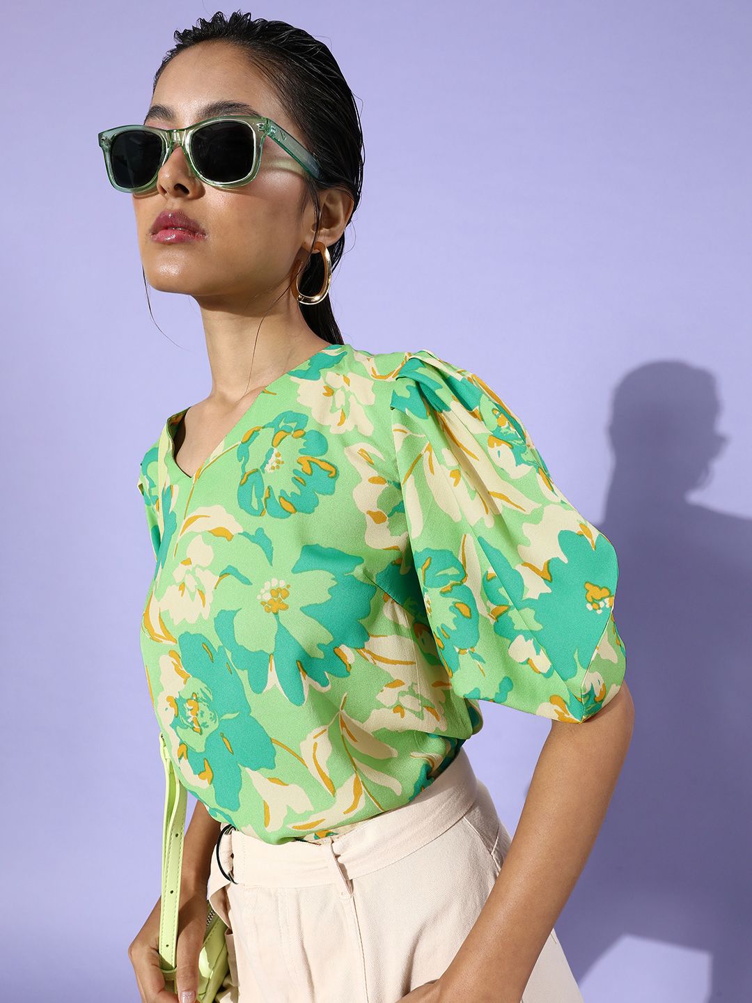her by invictus Lushy Green V-Neck Floral Print Once Upon A Sleeve Top Price in India