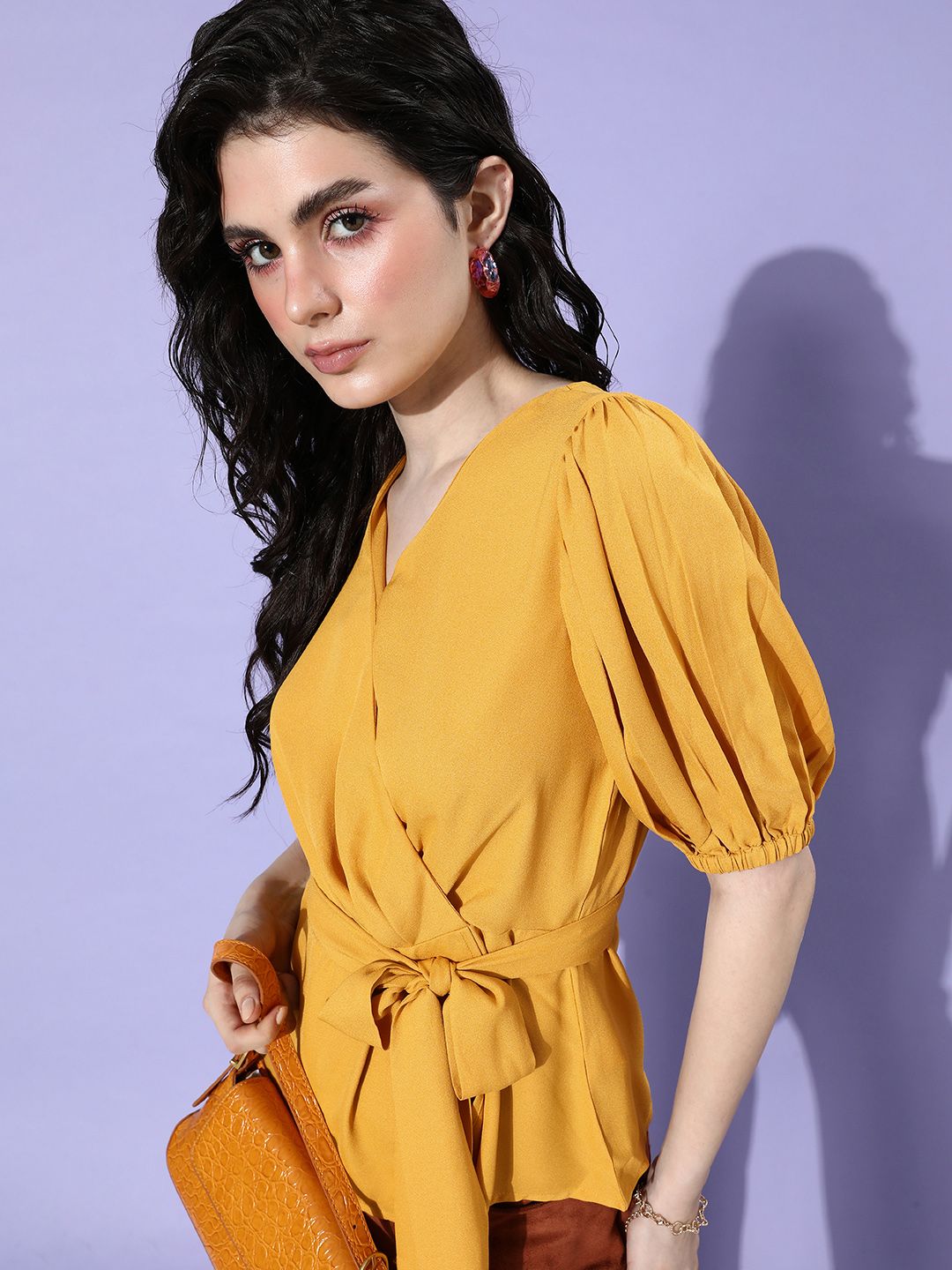 her by invictus Mustard Yellow Once Upon A Sleeve Wrap Top With Waist Tie-ups Price in India