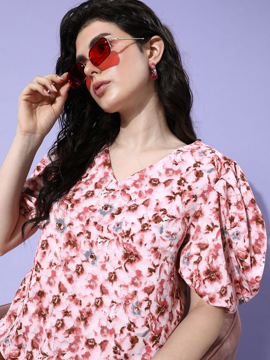 her by invictus Pretty Pink & White Floral Print Once Upon A Sleeve Top Price in India