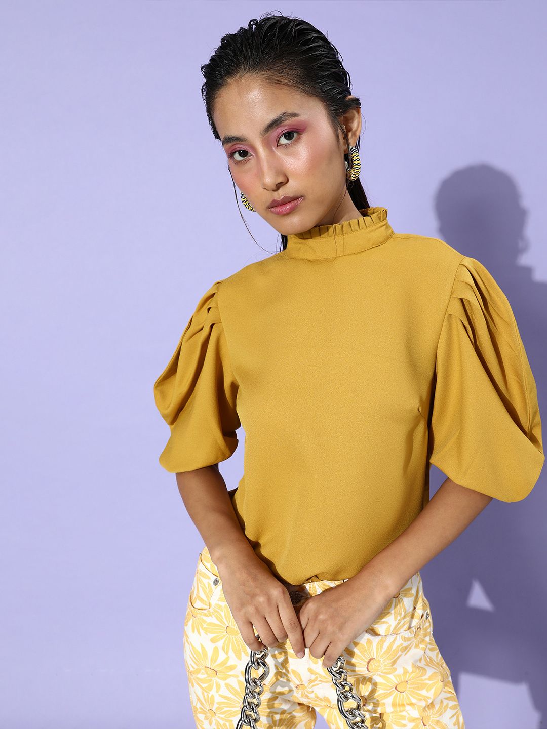 her by invictus Mustard Yellow Solid Once Upon A Sleeve Top Price in India