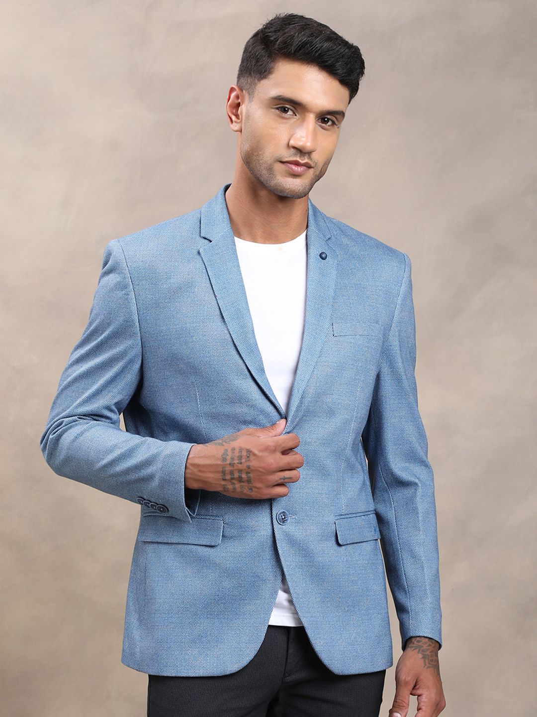Turtle Men Navy Blue Self-Design Single-Breasted Casual Blazer