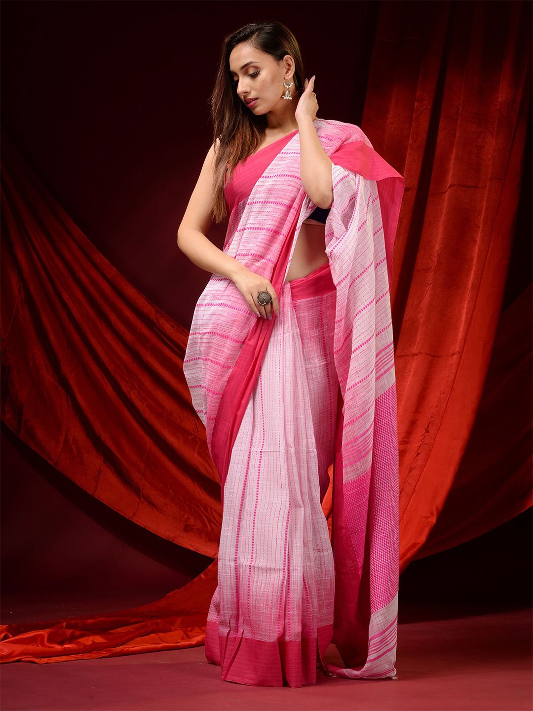 Charukriti White & Pink Striped Pure Cotton Saree Price in India