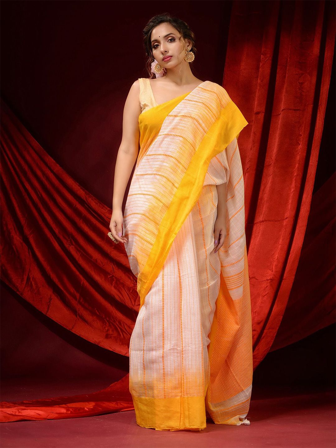 Charukriti White & Yellow Woven Design Pure Cotton Saree Price in India