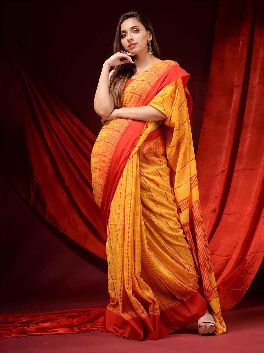 Charukriti Yellow & Red Woven Design Pure Cotton Saree Price in India