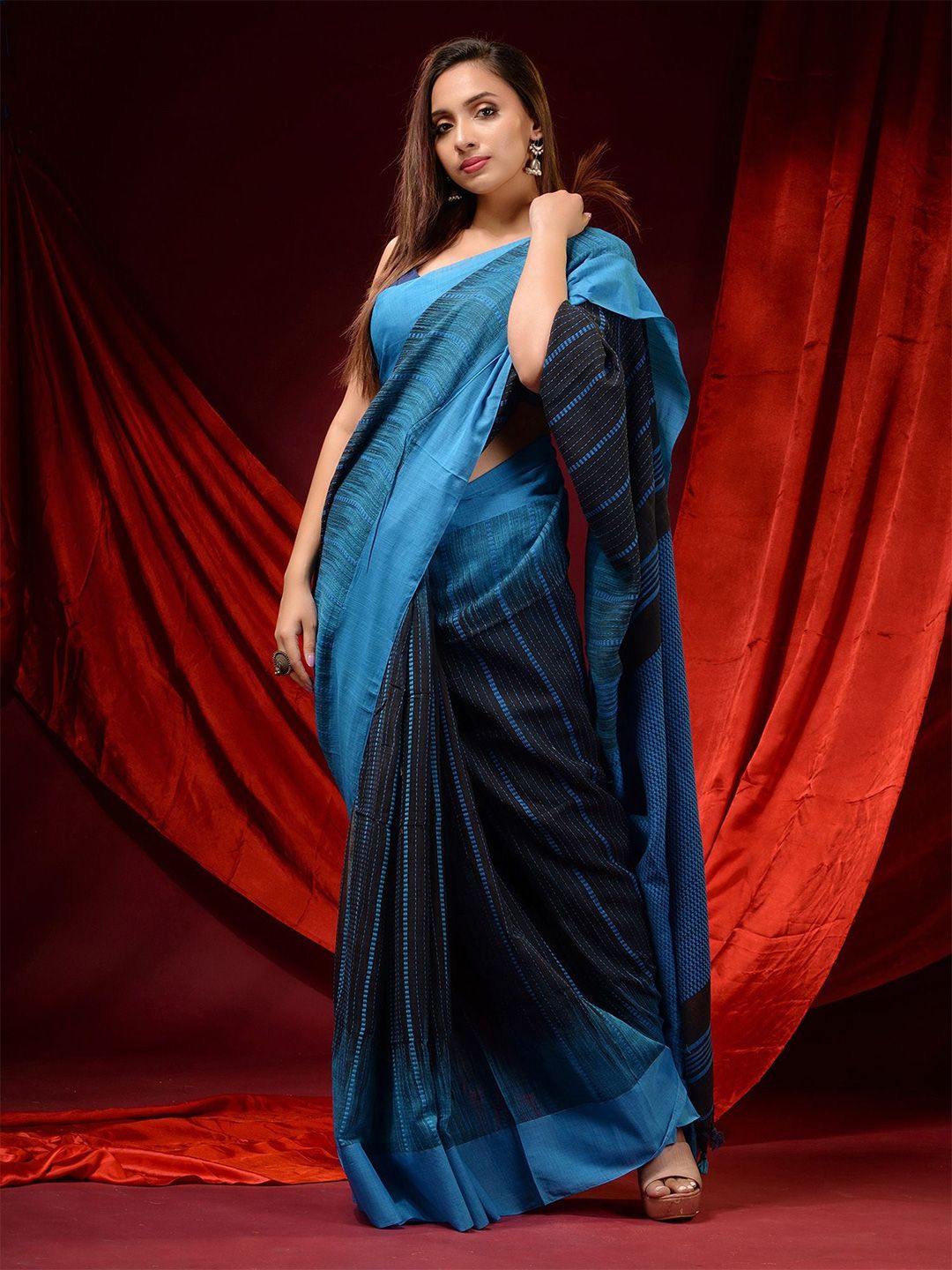 Charukriti Black & Blue Woven Design Pure Cotton Saree Price in India