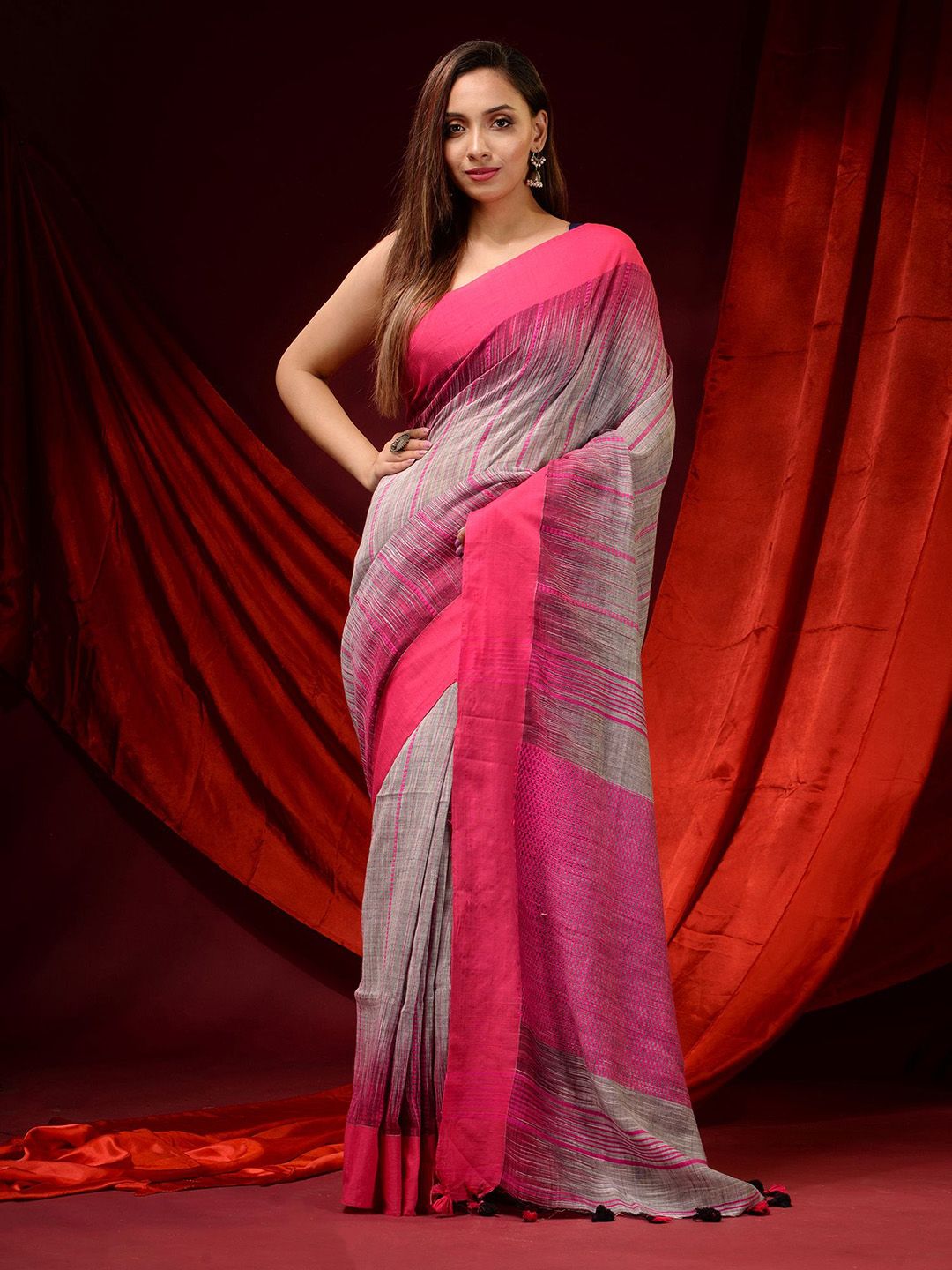 Charukriti Grey & Pink Woven Design Pure Cotton Saree Price in India