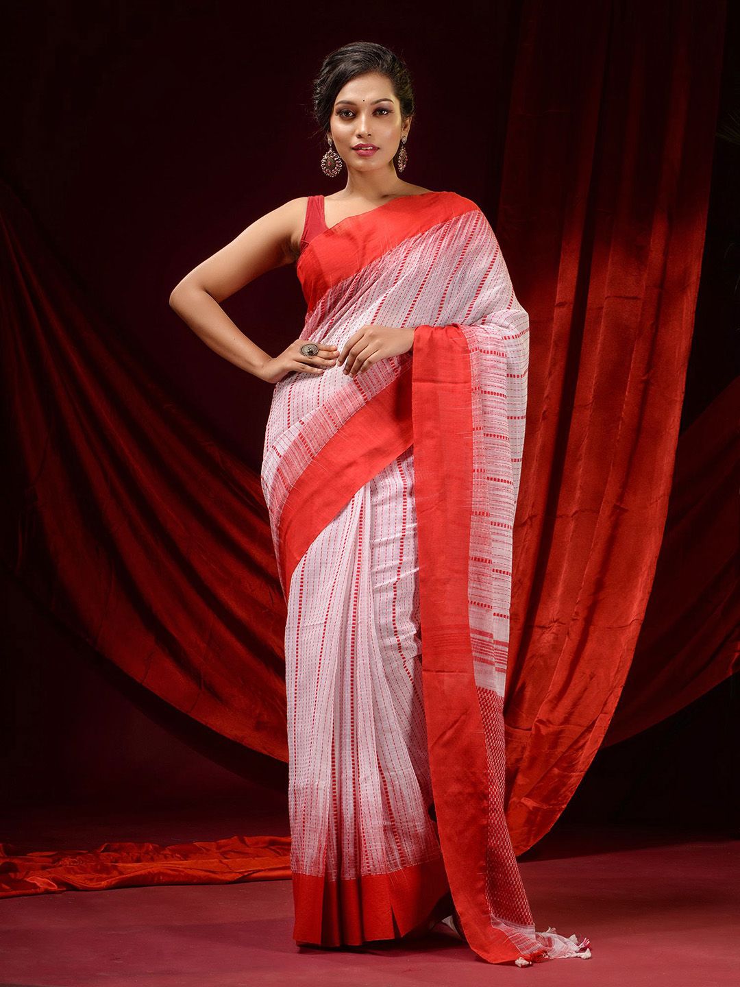 Charukriti White & Red Woven Design Pure Cotton Saree Price in India