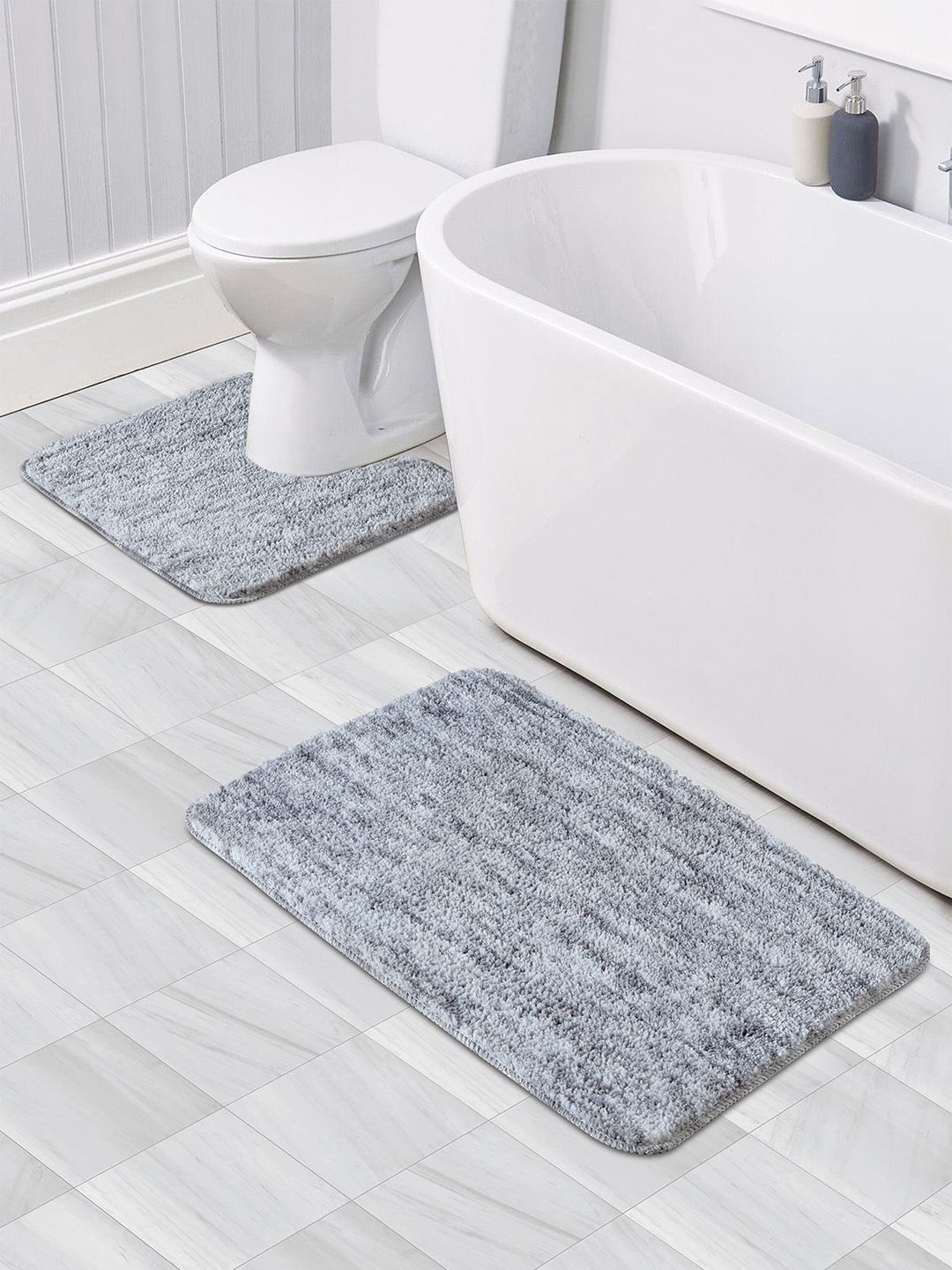 OBSESSIONS Set Of 2 Silver 1300 GSM Anti-Skid Bath Rug & Contour Mat