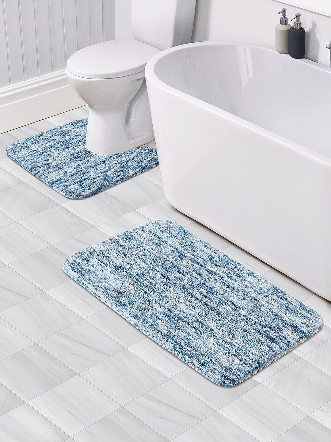 OBSESSIONS Set Of 2 Blue 1300 GSM Anti-Skid Bath Rug & Contour Mat