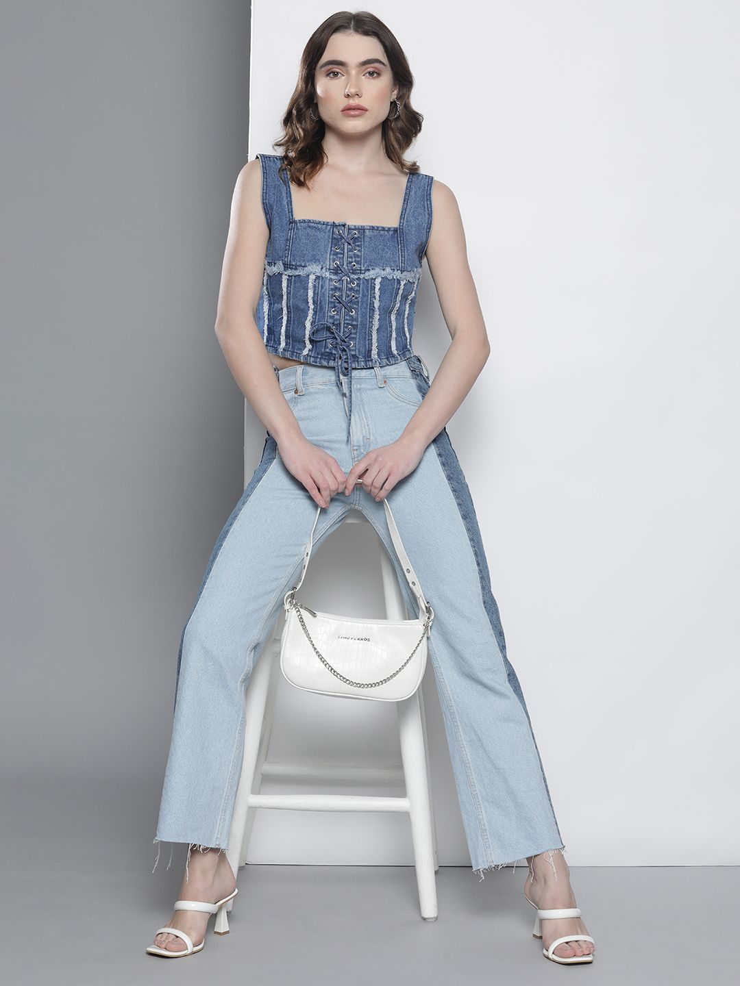 NASTY GAL Lace-Up Denim Fringed Cropped Corset Top Price in India