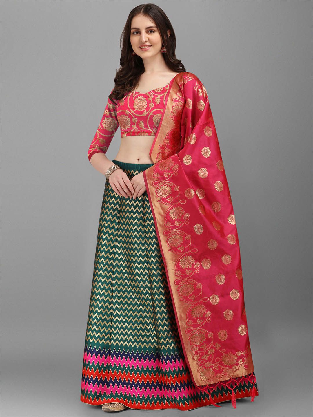 Dhyey Fashion Green & Pink Ready to Wear Lehenga & Unstitched Blouse With Dupatta Price in India