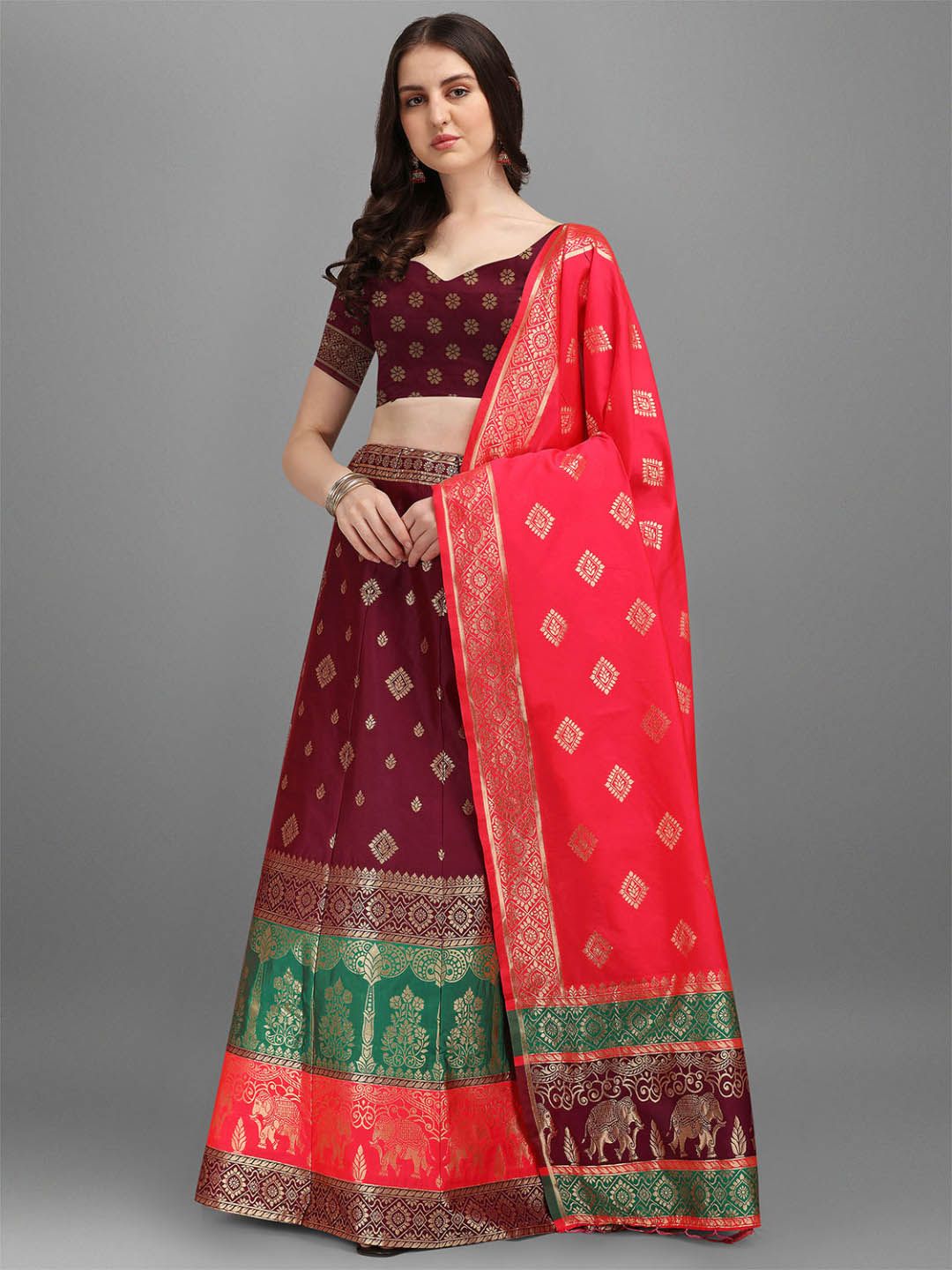 Dhyey Fashion Maroon & Teal Ready to Wear Lehenga & Unstitched Blouse With Dupatta Price in India