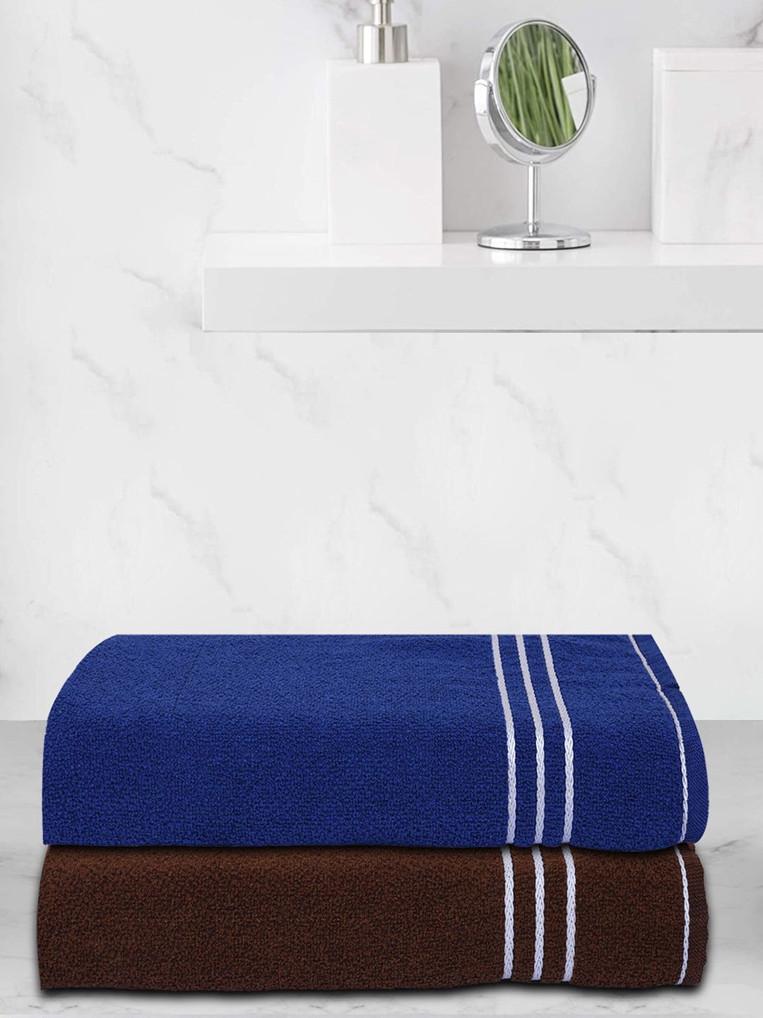 Kuber Industries Brown & Blue Set of 2 Striped 400 GSM Super Absorbent Cotton Bath Towels