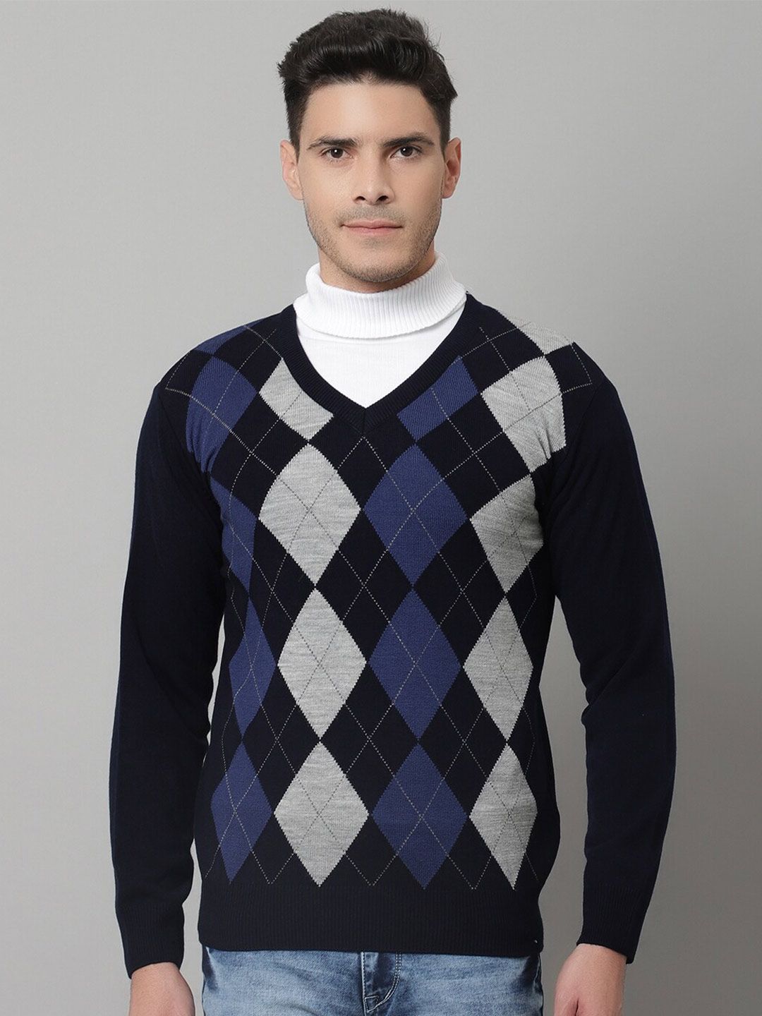 Cantabil Men Navy Blue & Grey Argyle Printed Wool Pullover