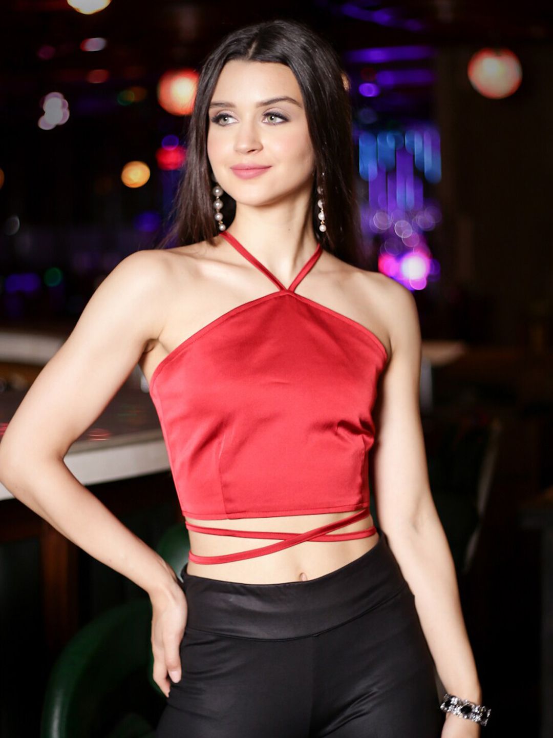 Sera Red Halter Neck Satin Fitted Crop Top Price in India