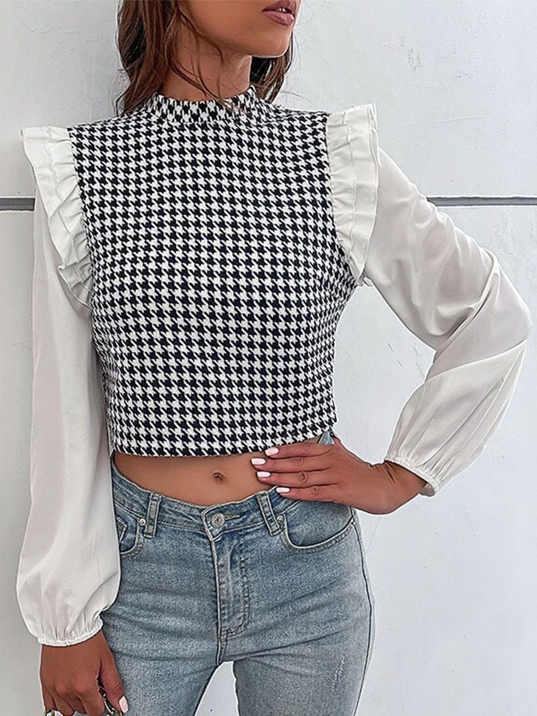 StyleCast Black & White Checked Ruffles Crop Top Price in India