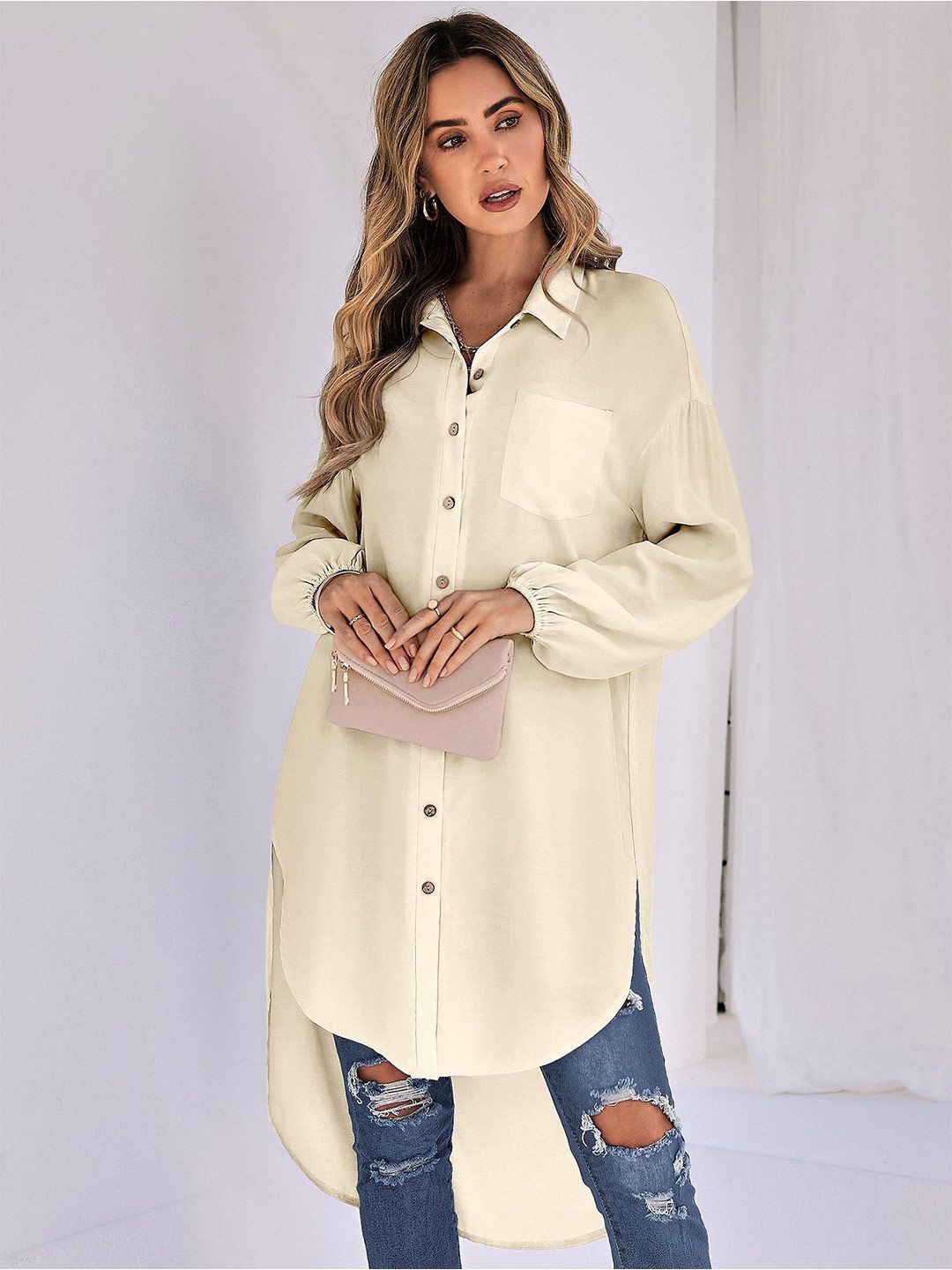 StyleCast Beige Shirt Style Longline Top Price in India