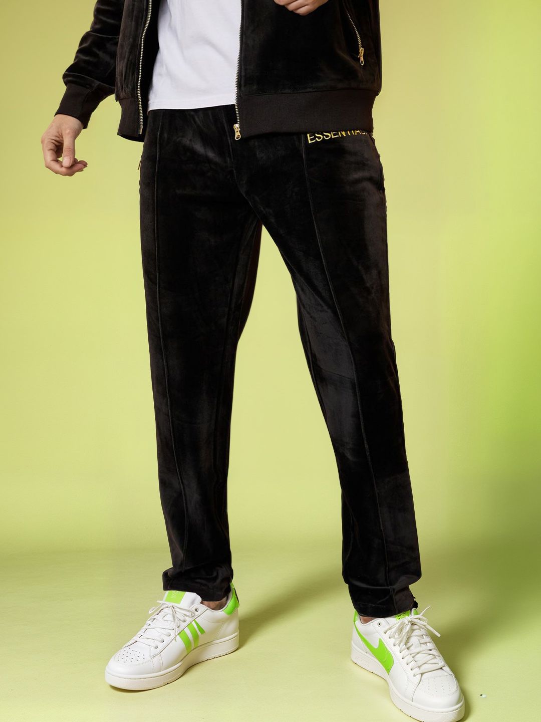 Buy Styli Men Pintuck Detail Velour Jogger with Embroidered Detail
