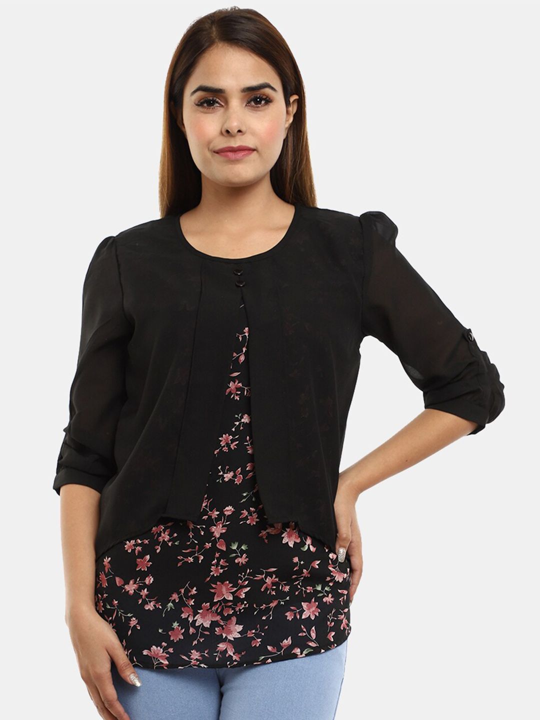 V-Mart Floral Printed Pure Cotton Round Neck Top Price in India