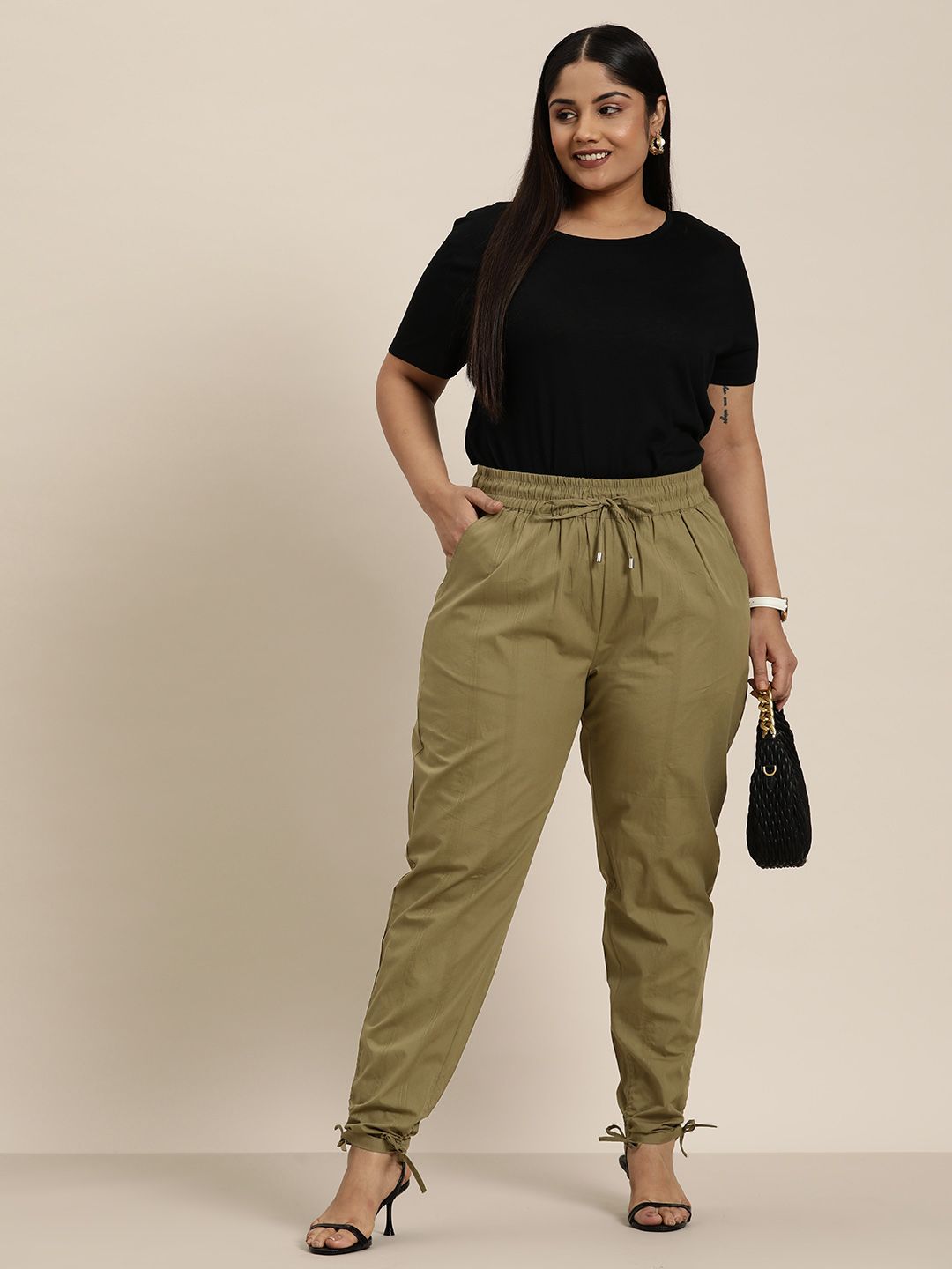 Sztori Women Plus Size Pure Cotton Tie-Up Hem High-Rise Trousers Price in India
