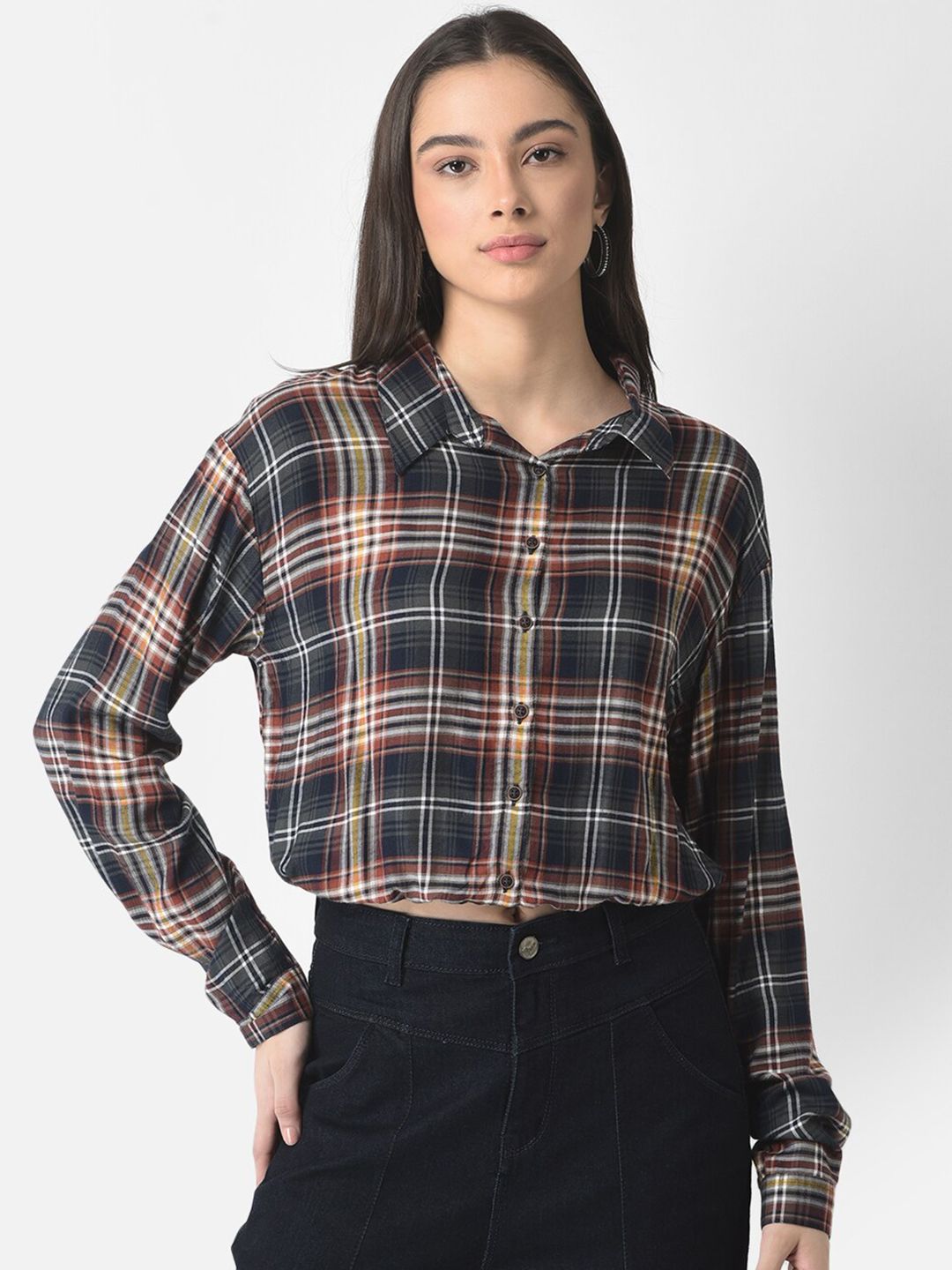 Crimsoune Club Grey Checked Shirt Style Crop Top Price in India
