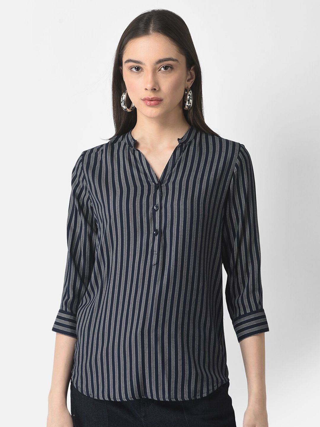 Crimsoune Club Grey Striped Mandarin Collar Shirt Style Top Price in India