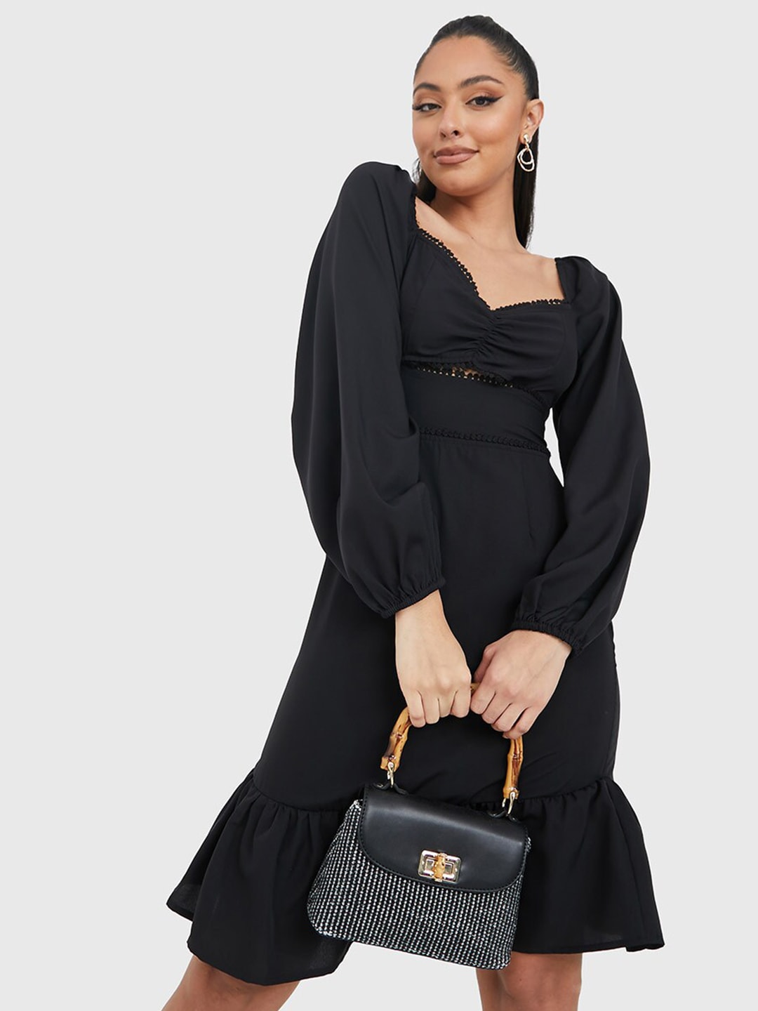 Styli Black Long Puff Sleeves Sweetheart Neck Flounce Sheath Dress Price in India