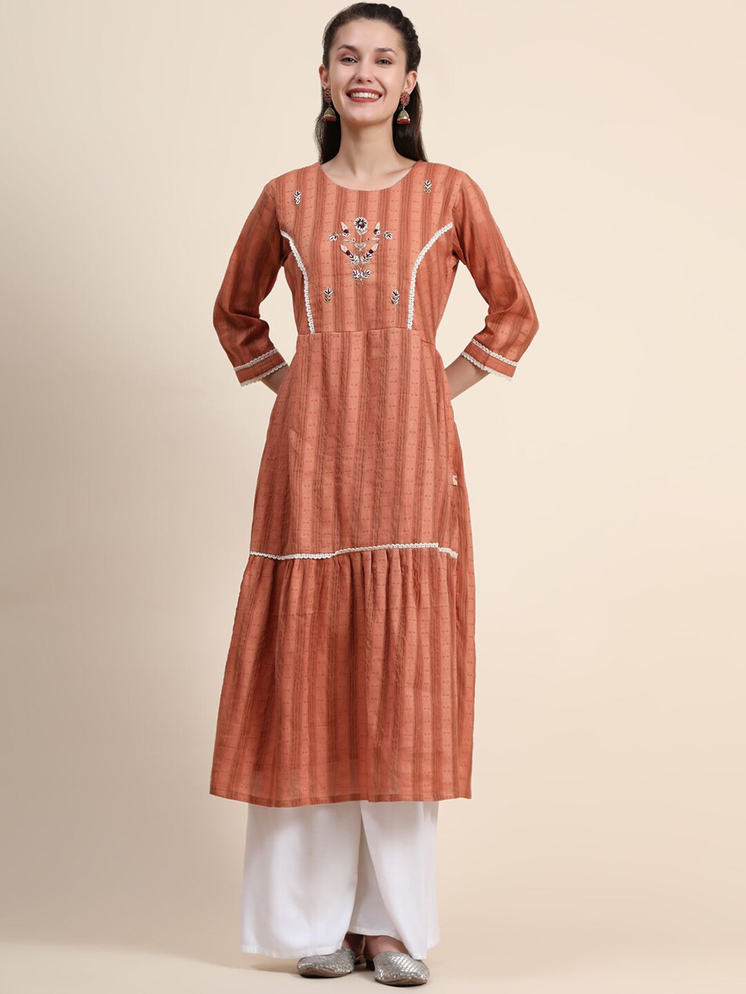 KALINI Women Orange Printed Linen Kurta with Palazzos Price in India