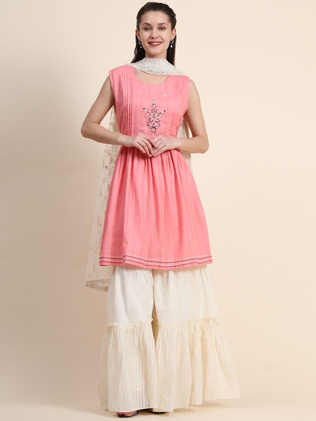 KALINI Women Pink Pleated Thread Work Linen Kurti with Sharara & With Dupatta Price in India