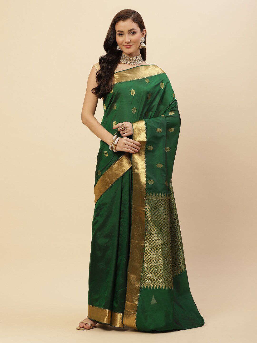 Meena Bazaar Green & Gold-Toned Woven Design Zari Art Silk Saree Price in India