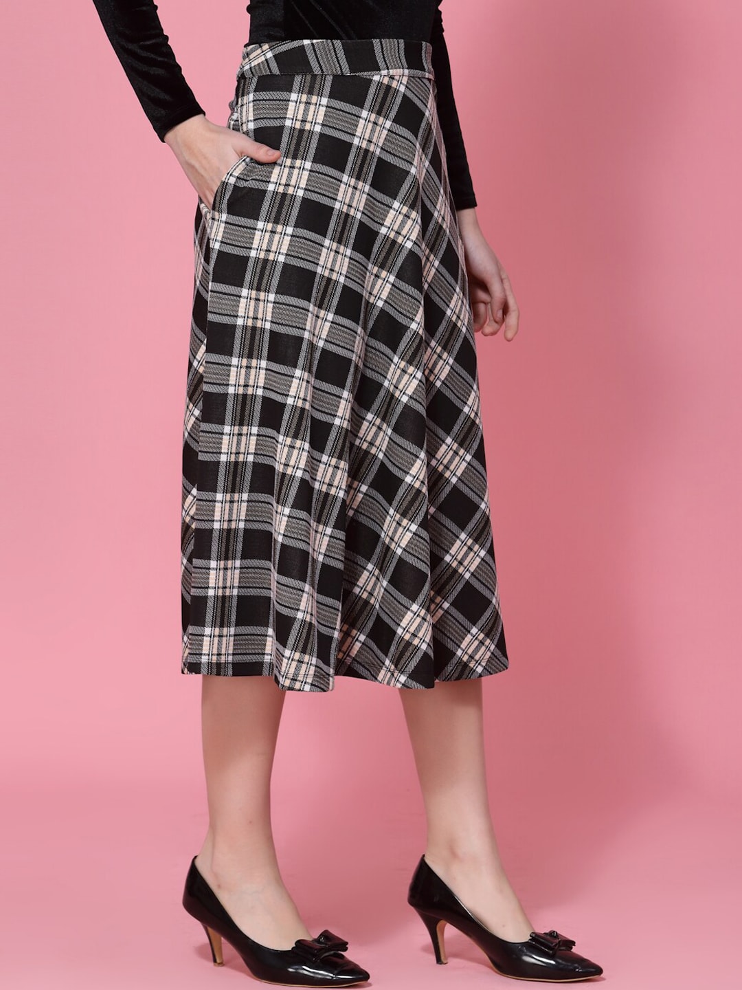 KASSUALLY Checked Fit & Flare Midi Skirt Price in India