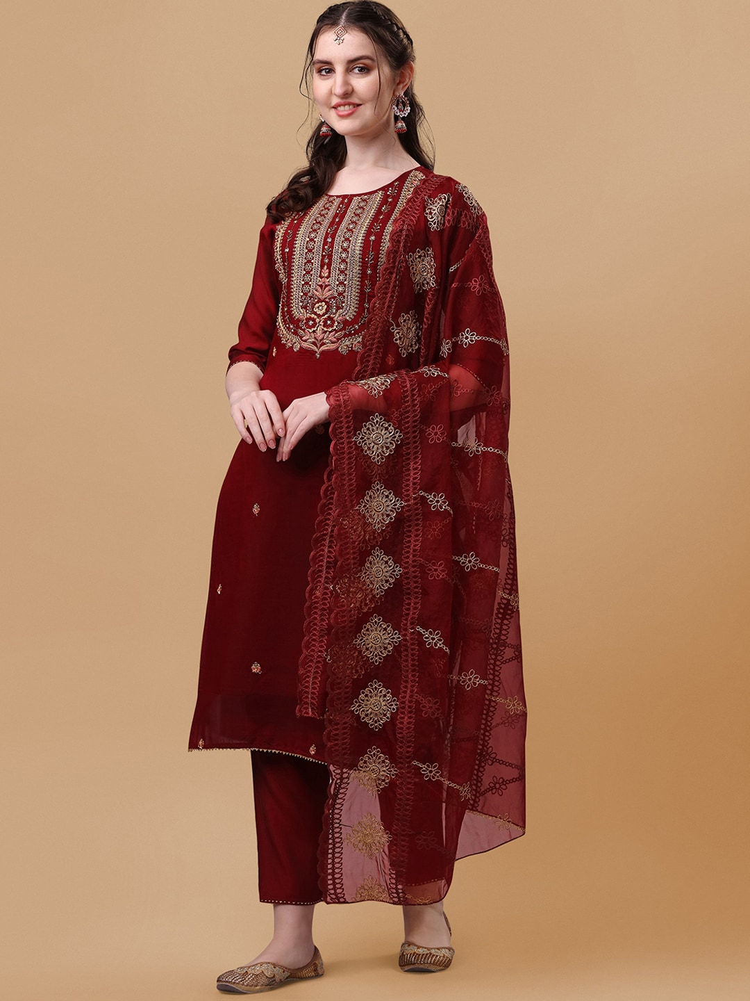 Berrylicious Floral Embroidered Thread Work Kurta with Trousers & Dupatta Price in India