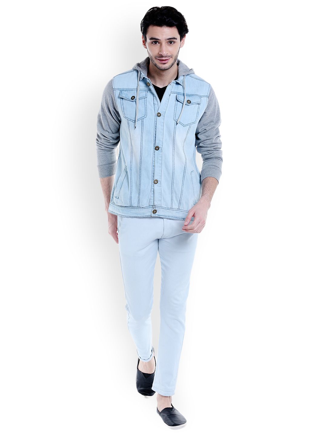 CAHOOT Men Blue Colourblocked Hooded Denim Jacket