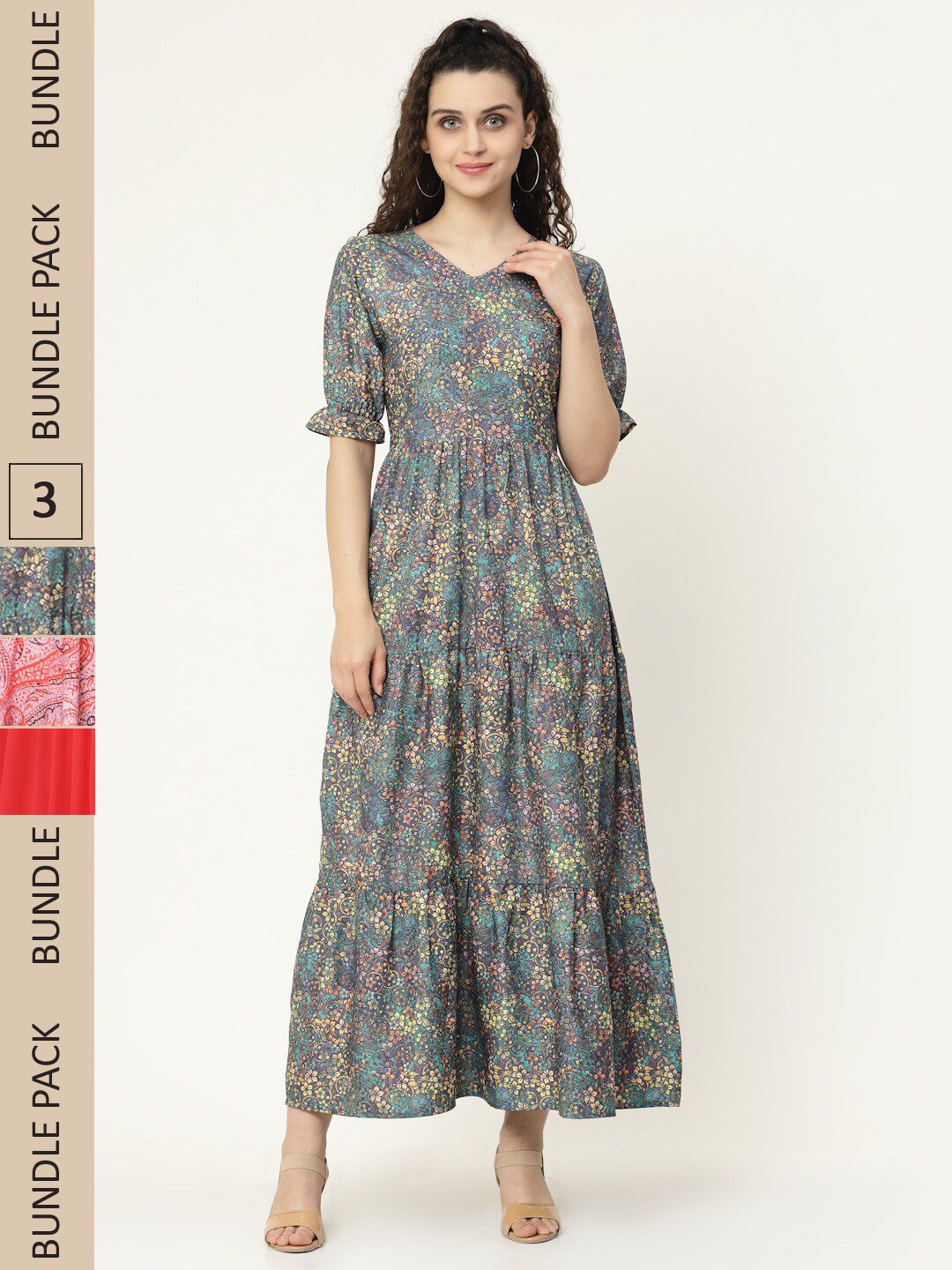 MISS AYSE Green & Pink Floral Crepe Ethnic Maxi Dress Price in India