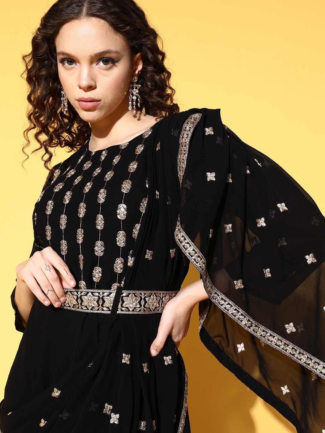 Kvsfab Black Ethnic Motifs Embroidered Georgette Maxi Dress Price in India