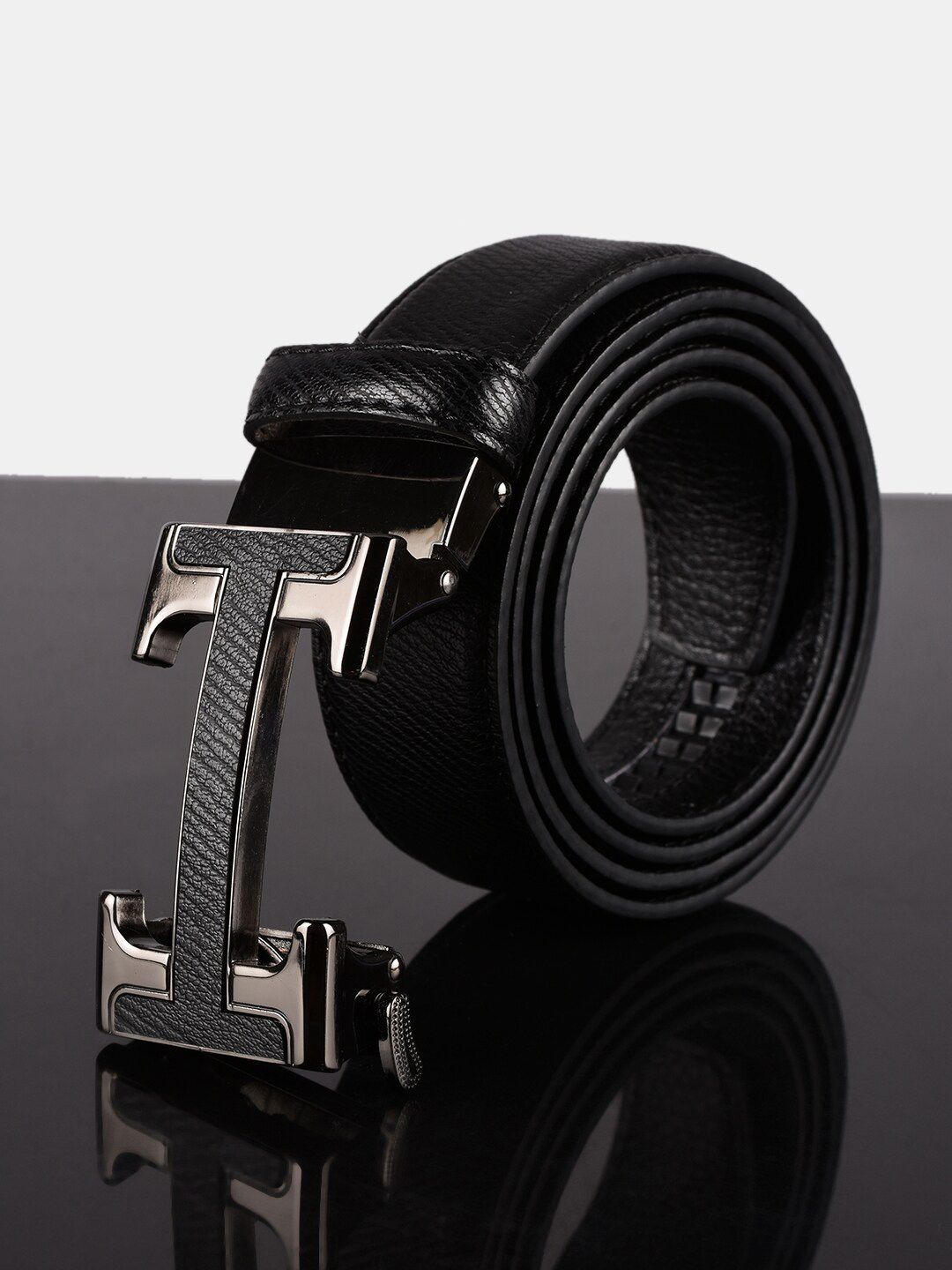 Buy ZORO Men Black Textured Alphabet Letter H Autolock Buckle Belt