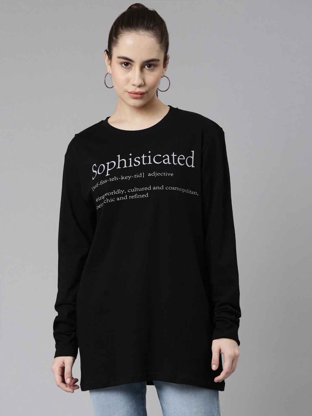 Kryptic Women Black Typography Printed Loose Cotton T-shirt Price in India
