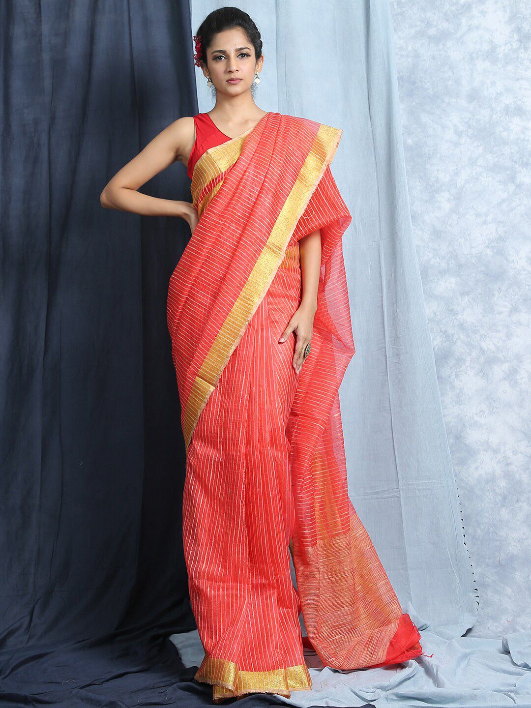 HERE&NOW Red & Gold-Toned Woven Design Zari Jute Silk Bhagalpuri Saree Price in India