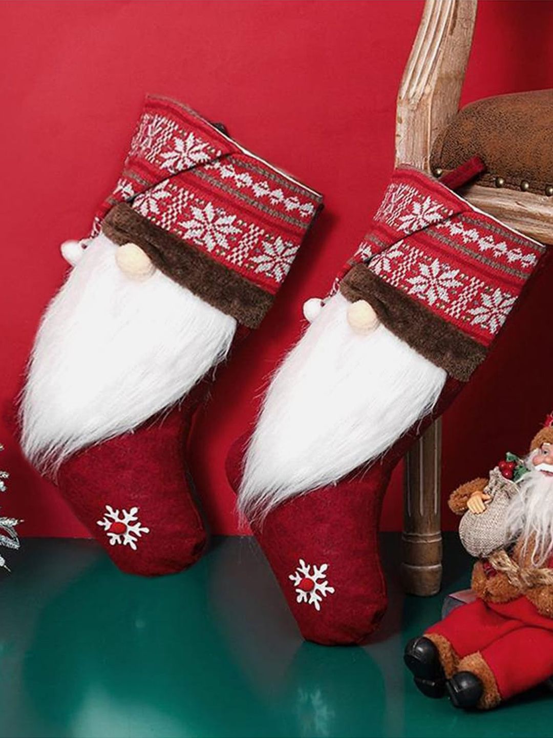 Little Surprise Box Maroon & White Patterned Beardy Gnome Christmas Stockings