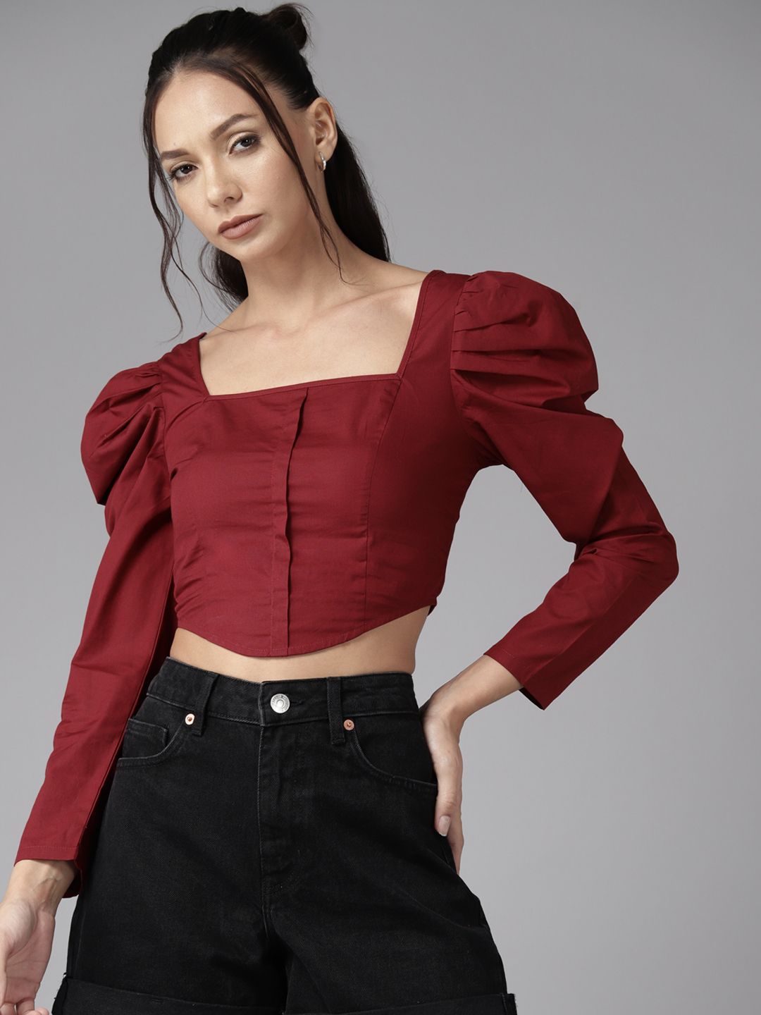 The Roadster Lifestyle Co. Puff Sleeve Cotton Crop Top Price in India