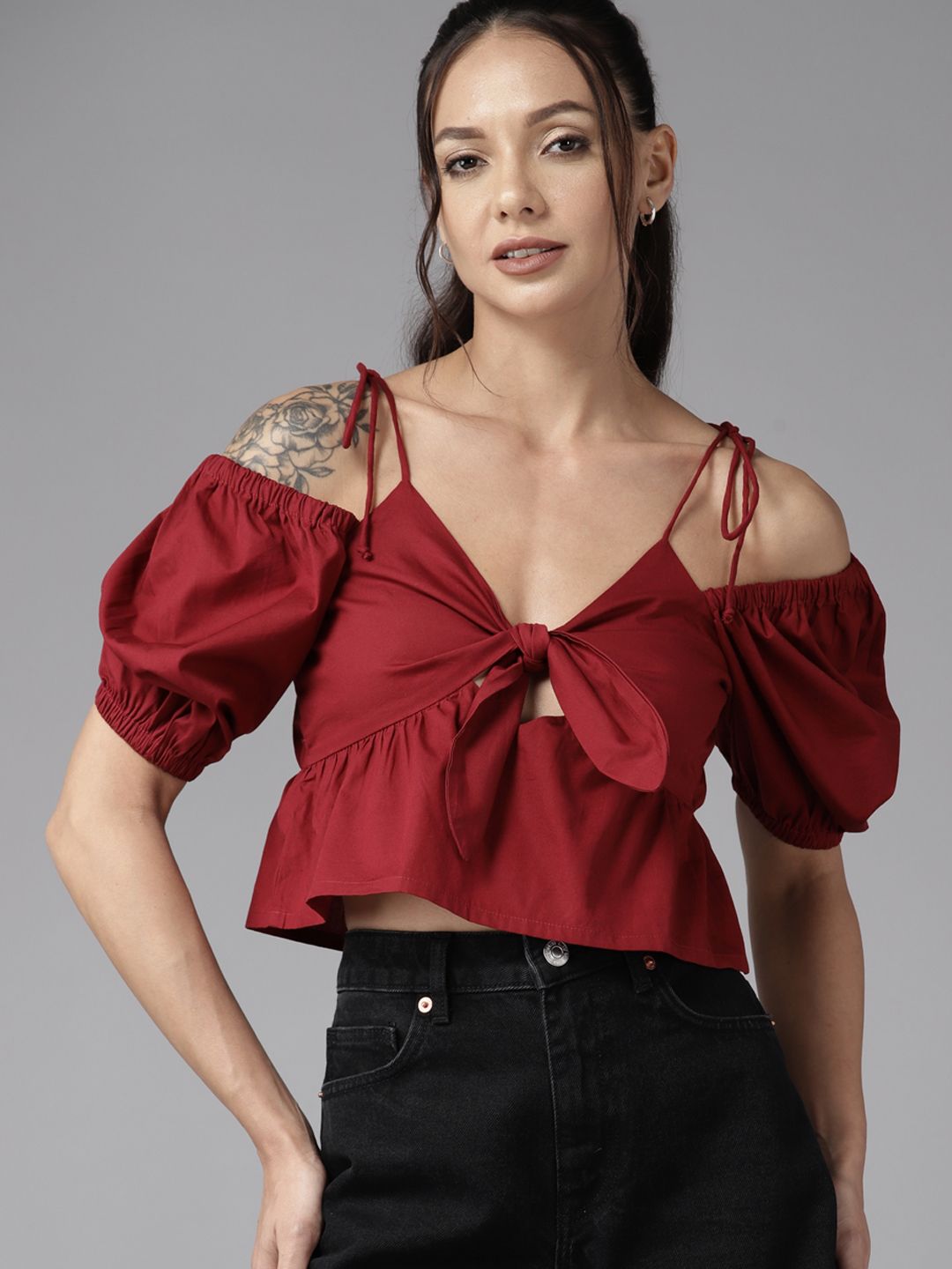 The Roadster Lifestyle Co. Tie-Up Detail Cotton Crop Top Price in India