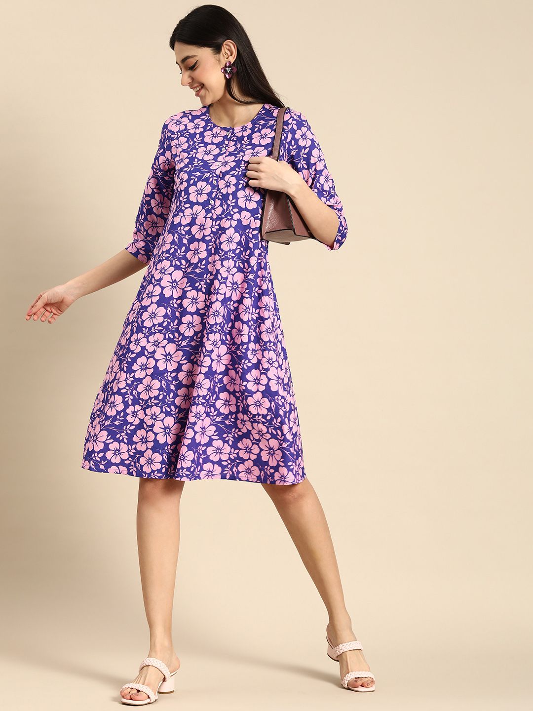 Anouk Round Neck Floral Printed Knee Length A-Line Ethnic Dress Price in India