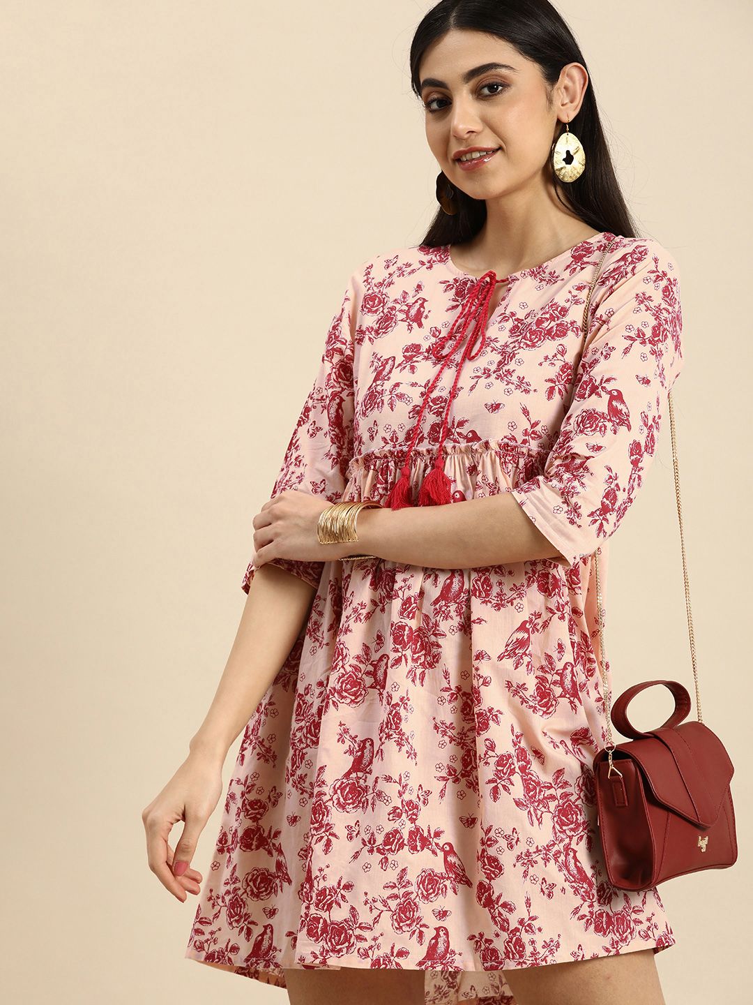 Anouk Floral Printed Tie-Up Neck Empire Dress Price in India