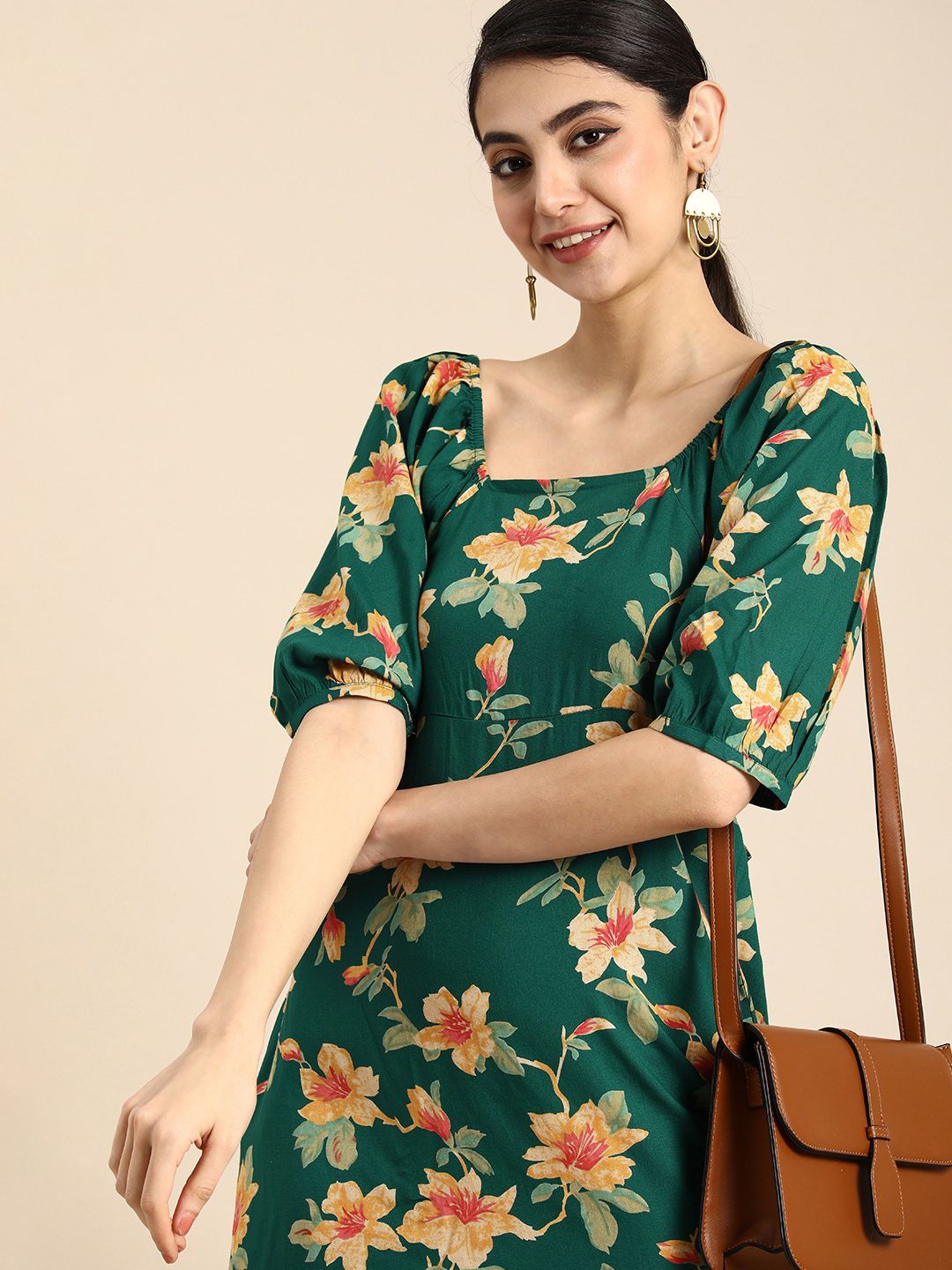Anouk Square Neck Styled Back With Tie-Up Detail Fit & Flare Floral Dress Price in India